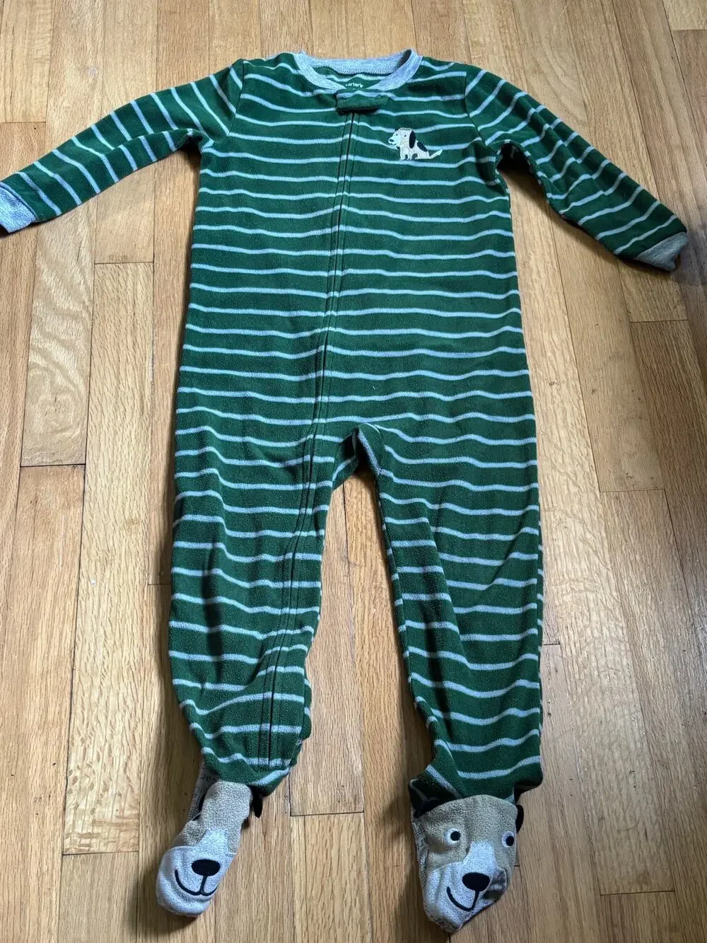 Title: Carter's 4T zip-up footed sleeper, green stripes, dog face feet
